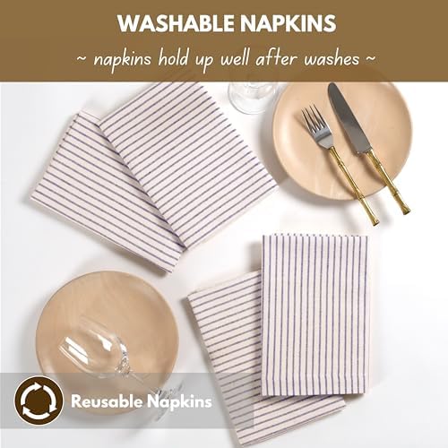 Native Fab Cloth Napkins 18x18 inches, 100% Cotton Vintage Stripped Dinner Napkins, Set of 12, Soft Breathable Absorbent, Machine Washable Cloth Napkins, Blue Beige - Image 6