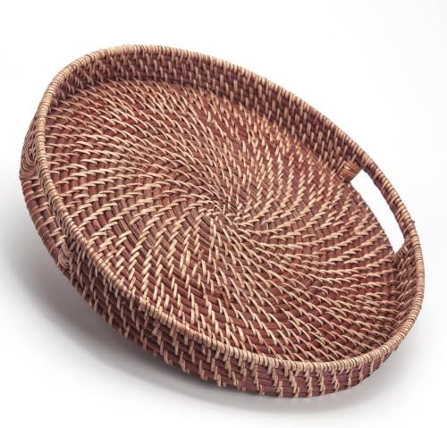 Round Rattan Woven Serving Tray with Handles Ottoman Tray for Breakfast, Drinks, Snacks for Coffee Table, Home Decorative (Honey Brown, 13.8"x2") by DECRAFTS