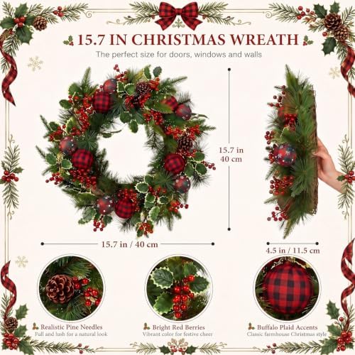 Christmas Wreath for Front Door Cedar Buffalo Plaid Wreath with Holly Berry - Image 2