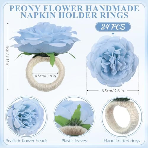 Yunsailing 24 Pcs Flower Napkin Rings Peony Floral Handmade Napkin Holder Rings Handicraft Holder for Table Decorations Wedding Holiday Banquet Luncheons Birthday Party Picnics Supplies(Blue) - Image 2