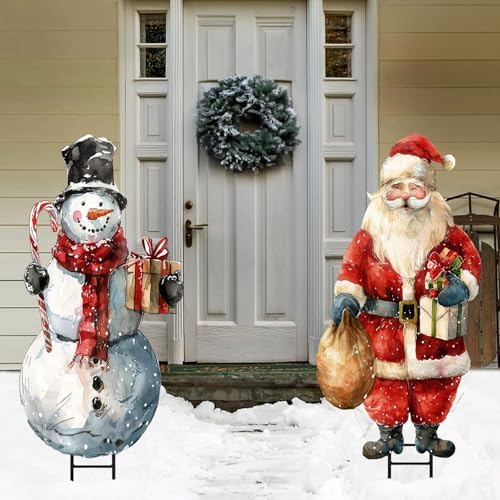Bunny Chorus Christmas Decorations Outdoor, 2pcs Large Rustic Santa Claus Snowman Yard Metal Stakes Xmas Decor, 37" Vintage Winter Signs for Lawn Front Door Garden Home Farmhouse Porch Outside - Image 3