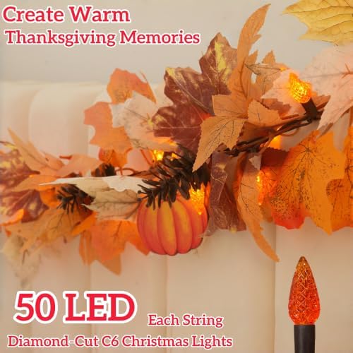 3Pack 10Ft Lighted Fall Garland with Battery Operated C6 Orange Lights, Extra Long Maple Leaf Garland with Pumpkin Wood Signs, Pinecones & Yellow Berries, Thanksgiving Autumn Decor Indoor Outdoor - Image 6