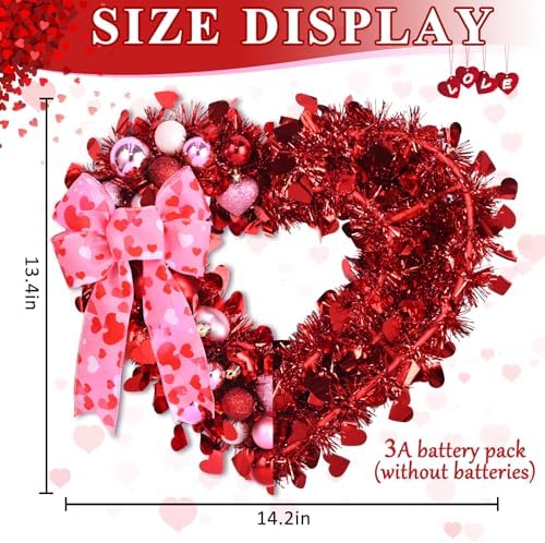 Waipfaru 14.2'' Valentines Day Wreath, Heart Wreaths for Front Door, Red Pink White Valentine Wreath Decorations with Bowknot Lights for Valentine's Home Wedding Party Wall Window Gifts Decor - Image 2