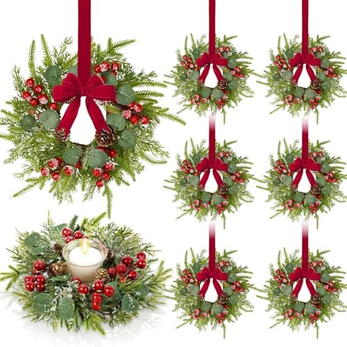 6 Pcs 9.2" Mini Christmas Wreaths for Cabinets Small Wreath Kitchen with Ribbon Christmas Decorations Candle Rings Red Berry Pine Cone Wreaths for Windows Farmhouse Xmas Decor Table Centerpiece by Unknown