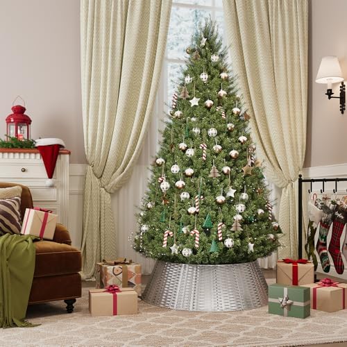 ELYKEN Silver Christmas Tree Collar, 33 Inch Woven Xmas Tree Skirt Cord Cut-Out - Protects Tree Base from Pets, Stylish Holiday Tree Skirt Alternative, Round Tree Ring for Christmas Tree Decor - Image 2