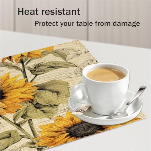 Vintage Sunflower Newspaper Floral Placemats Set of 6 Decorative Dinner Place Mats Washable Table Mat for Gifts, Holiday, Birthday Party, Wedding & Dining - Image 5