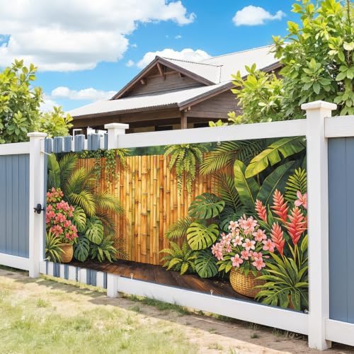 6X13FT Summer Bamboo Fence Tropical FlowersGarage Door Cover Decorations Tropical Leaves Garage Door Banner for Outdoor Indoor Summer Party Photography Backdrop - Image 5