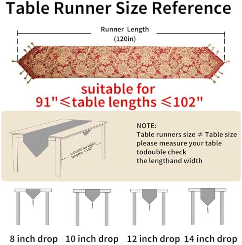Luxury Vintage Table Runner 120 inches Long Embroidery Jacquard Fabric with Multi-Tassels Table Runners for Dining Room Dresser Wedding Christmas Thanksgiving Party Decorations (Red, 12X120inch) - Image 2