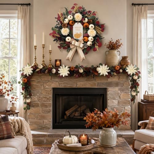 24'' Fall Wreath for Front Door, Autumn Home Indoor Decor for Thanksgiving - Image 3
