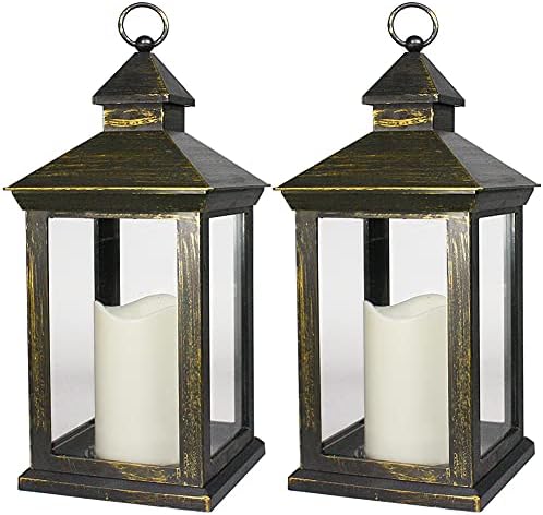 2-PACK 14 Inch Vintage Decorative Candle Lanterns With Timer - IP44 Waterproof Distressed Gold Decorative Outdoor Lanterns Battery Powered - Hanging Decorative Lanterns For Wedding Indoors by BrightZeal