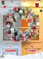 Pre-Lit Artificial Christmas Wreath 24Inch, Christmas Door Decorations Wreath with 50LED Warm Lights, Christmas Balls, Pine Needles, and Red Berries for Front Door Wall Windows X-mas Ornament - Image 4