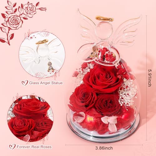 Gifts for Mom Mothers Day Birthday Gifts for Women Preserved Rose Forever Flower in Glass Angel Figurines Fresh Flowers for Delivery Anniversary Real Colorful Roses for Grandma Her Wife from Daughter - Image 2