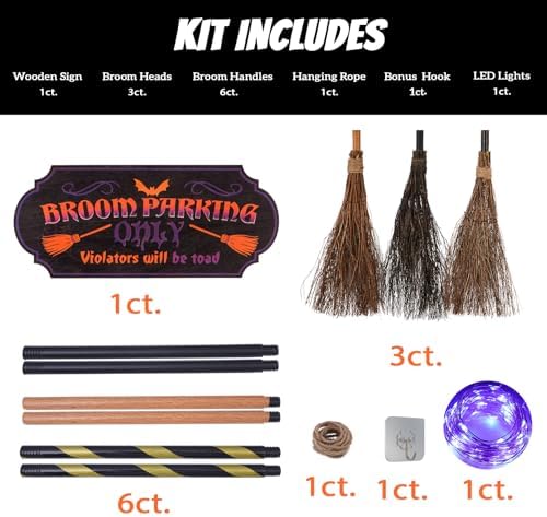 Halloween Broom Parking Sign with 3 Witch Brooms, Purple Lights - Image 4