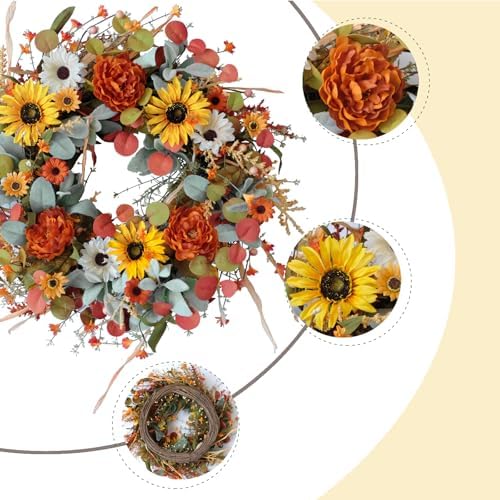 TEMPUS 22 inch Artificial Autumn Peony Daisy Wreath Multiple Leaf Wreath for Front Door Harvest Festival Window Wedding Autumn Outdoor Indoor Decoration - Image 2