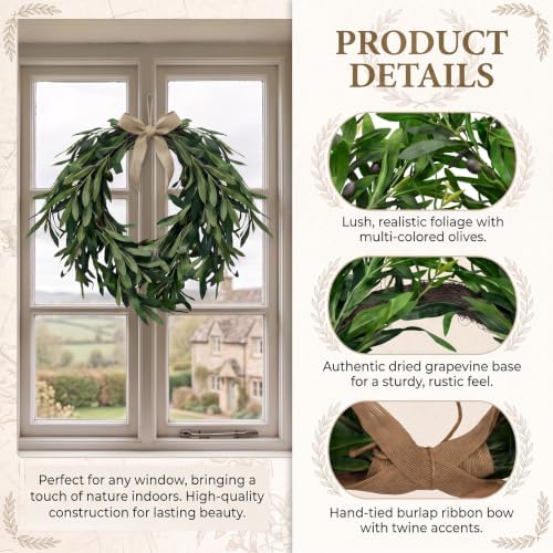 16" Heart Shaped Artificial Olive Leaf & Fruit Wreath - Realistic Green Olive Branches with Spring Floral Accents, Farmhouse Wall Door Wedding Arch Window Hanging for Indoor Outdoor - Image 3