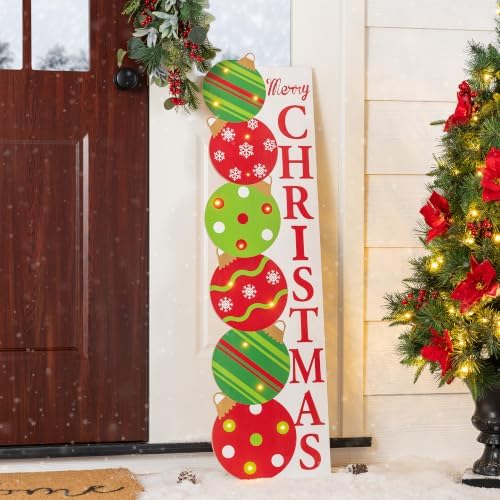 Glitzhome 42"H Lighted Christmas Ornament Porch Decor,Wooden Vertical Porch Sign With Timer,Merry Christmas Sign for Holiday Front Porch Outdoor Decorations by Glitzhome