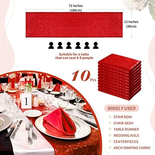 Red Table Runner 10 Packs 12x72 Inch Sequin Table Runners Sparkly Table Runner Fabric for Party Dinner Reception Wedding Event Holiday Decorations - Image 2