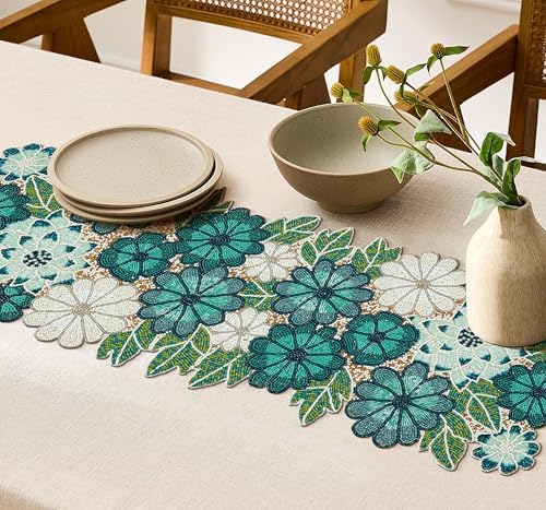 Beaded Table Runner Decore 36 inches Long Christmas Flower Design Beaded Table Runners for Halloween, Christmas, Easter Coffee Tropical ,13X36_Teal Multi - Image 2