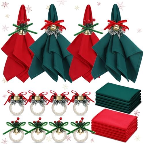 Ziliny 16 Pcs Cotton Christmas Napkins and Rings Set, 8 Washable Thanksgiving Napkins Cloth, 8 Xmas Napkin Rings for Xmas Dinner Party Table Decoration(Christmas Bow Bells) by Ziliny