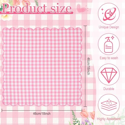 SmoothNovelty 24 Pack Buffalo Plaid Cloth Napkins 18x18 Inch Checkered Cloth Napkins Scalloped Soft Cotton Table Mat Washable Reusable for Dinner Wedding Holiday Birthday Parties (Classic,Pink) - Image 2