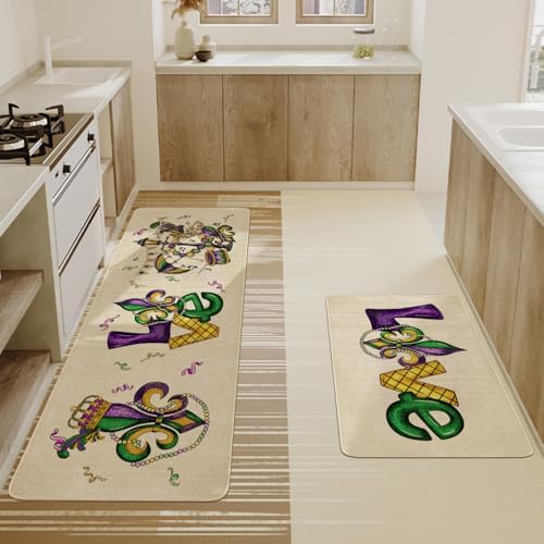 Mardi Gras Kitchen Mat Set 2 Piece,Fleur De Lis Love Decorative Kitchen Rugs Low-Profile Mats for Home Kitchen Decor 17"x48"+17"x30" - Image 4