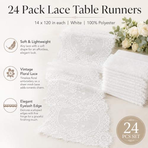 24 Pack White Lace Table Runner 120" Long Vintage Floral Decor - Image 3