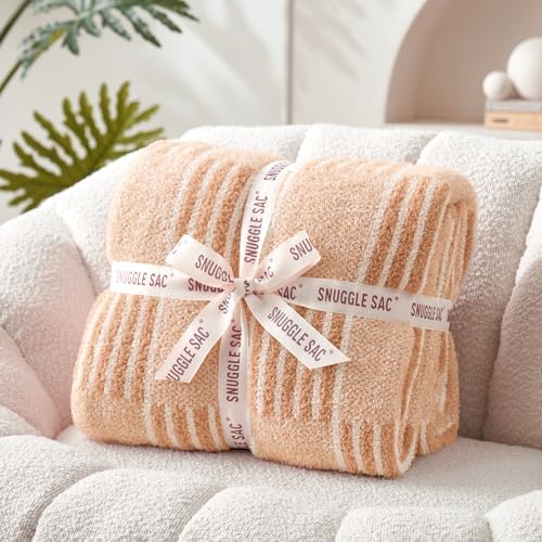 Snuggle Sac Checkered Throw Blanket Faux Fur Microfiber Blankets for Couch,Reversible Soft Cozy Warm Blanket for Sofa Bedroom,Cute Lightweight Striped Throws for Women,Heather Beige,60x80 inches - Image 5