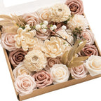 Ling's moment Fake Flowers Box, Faux Artificial Greenery Stems Foam Dahlia Roses Silk Willow Fabic Flower for Centerpieces Bouquet Wedding Vase Decorations, Dusty Rose & Cream & Blush, Grand Combo by LingsMoment