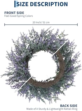 20 Inch Purple Lavender Wreath for Front Door – Artificial PVC Spring Summer Fall Winter Wreath – Farmhouse Wall Decor – Indoor Outdoor Use – Lifelike Lavender & Eucalyptus - Image 3