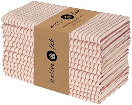 Native Fab Cloth Napkins 18x18 inches, 100% Cotton Vintage Stripped Dinner Napkins, Set of 12, Soft Breathable Absorbent, Machine Washable Cloth Napkins, Red Beige by NativeFab