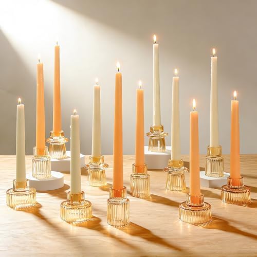 12 Pack Ribbed Amber Glass Candle Holders for Table Centerpieces by Unknown