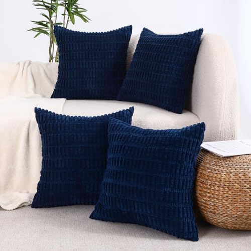All Smiles Decorative Dusty Blue Throw Pillow Covers 18x18 Set of 4 Farmhouse Rustic Boho Home Decor Soft Plush Striped Corduroy Square Cushion Case for Living Room Couch Bed Sofa by AllSmiles