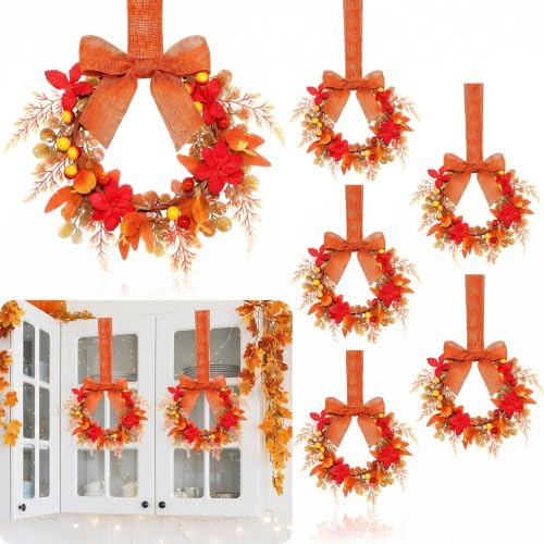Dingion 6pc 6" Fall Mini Cabinet Wreath for Kitchen, Artificial Fall Wreath by Dingion