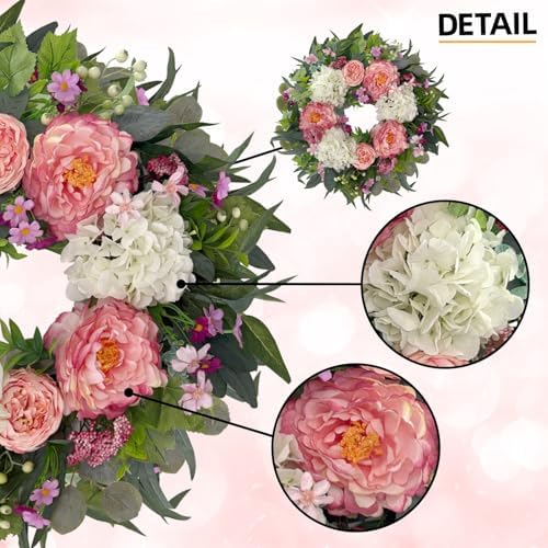 HipTree 24 Inch Spring Wreaths for Front Door with Peony Hydrangeas - Image 2