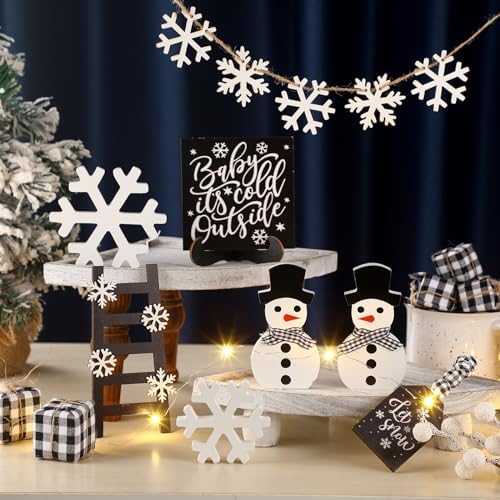 Shellwei 14 Set Winter Tiered Tray Decor with Tray Snowmen Decorations Winter Snowflakes Wood Decor Black and White Rustic Farmhouse Wooden Sign Decoration for Home Tabletop - Image 4