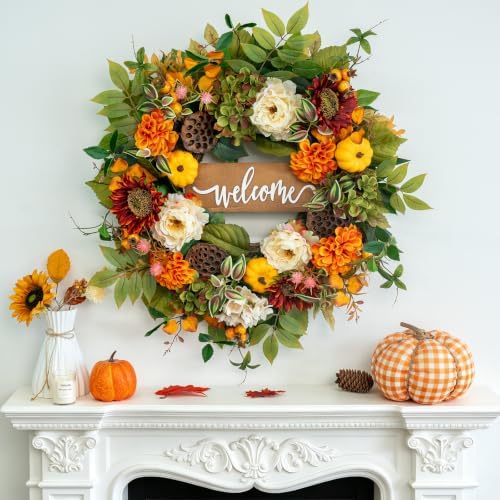 24 Inch Fall Wreaths for Front Door, Autumn Door Decor Thanksgiving Wreaths - Image 3