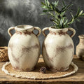 Set of 2 Distressed Ceramic Vase Rustic Farmhouse Dual Handles by Unknown