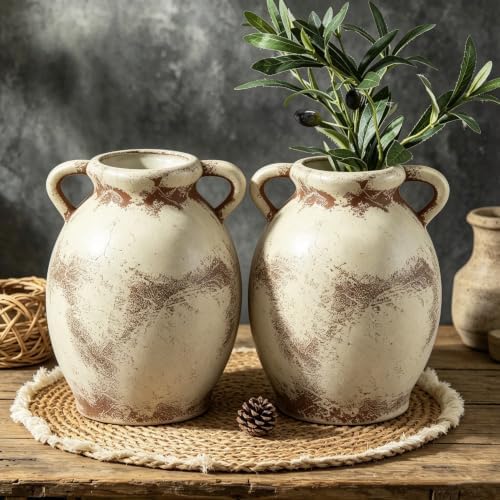 Set of 2 Distressed Ceramic Vase Rustic Farmhouse Dual Handles by Unknown