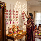 8 Pcs Indian Pichwai Style Diwali Hanging Decor, Hot Pink Lotus with Cow - Image 4