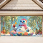 13x6Ft Tropical Snowman Garage Door Banner - Beach Scene with Swimsuit Snowman Holding Drink, Funny Summer Winter Mix Decor for Outdoor Holiday by THISFIND
