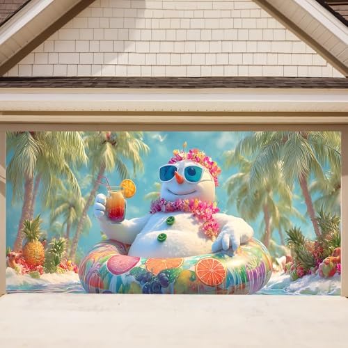 13x6Ft Tropical Snowman Garage Door Banner - Beach Scene with Swimsuit Snowman Holding Drink, Funny Summer Winter Mix Decor for Outdoor Holiday by THISFIND