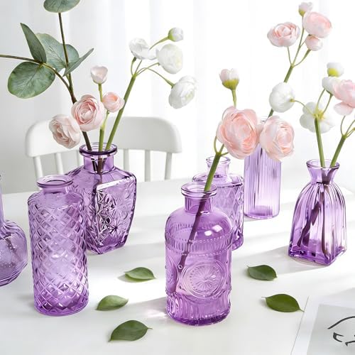Violet Purple Glass Bud Vases in Bulk 12, Small Vintage Textured Flower Vases for Wedding Centerpieces, Baby Shower, Party Event, Decorative Mini Vase Bottles Set for Flower, Home Table Decor - Image 6