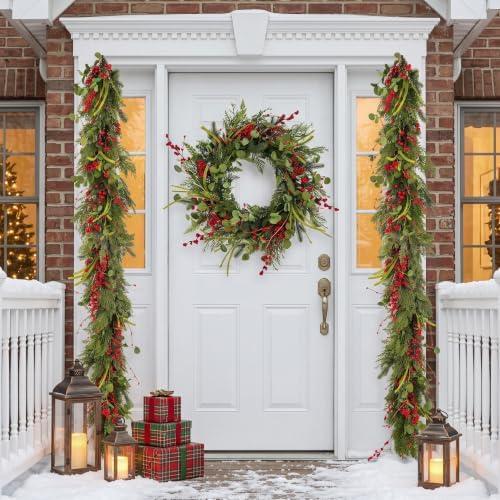 24 Inch Artificial Christmas Wreaths for Front Door with Eucalyptus, Red Berries for Outdoor Wall Farmhouse Holiday Xmas Decoration - Image 2