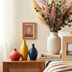 Colorful Ceramic Vase Set, Small Burnt Orange Blue Yellow Vases Home Decor,Fall Décor Modern Farmhouse Vases for Home Decor, Organic Decor Accents for Living Room, Table, Shelf, Entryway,Set of 3 - Image 4