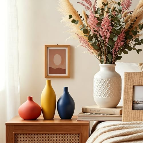 Colorful Ceramic Vase Set, Small Burnt Orange Blue Yellow Vases Home Decor,Fall Décor Modern Farmhouse Vases for Home Decor, Organic Decor Accents for Living Room, Table, Shelf, Entryway,Set of 3 - Image 4