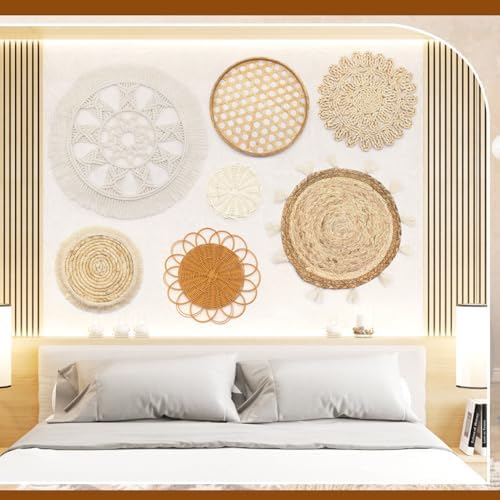 iChuan Boho Wall Hanging Basket Decor Set – 10-Piece Macrame and Woven Wall Art, Handmade Tapestry Wall Decor Seagrass Ornaments Round Tassels for Living Room, Bedroom, Nursery - Image 5