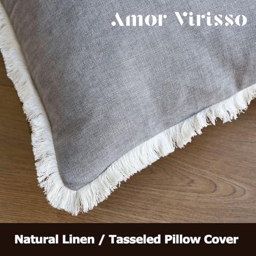 Amor Virisso Fringe Throw Pillow Covers 20x20 Set of 2 Boho Neutral Farmhouse Decorative Pillow Covers with Tassels for Couch Sofa Bed, Light Grey - Image 2