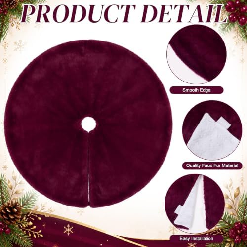 Viorawhite Burgundy Christmas Tree Skirt, 48 Inch Faux Fur Tree Skirts - Image 3