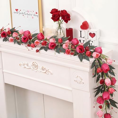 Suncalla 6 ft Valentine Day Garland with Rose Tulips Flowers Heart Berries by Unknown