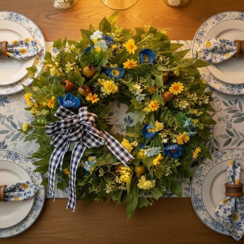WANNA-CUL 24 Inch Blue Yellow Summer Wreath for Front Door All Season Decor - Image 3